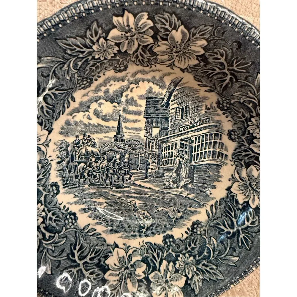 Royal Tudor Ware Staffordshire Coaching Taverns 1828 Serving Bowl Blue White